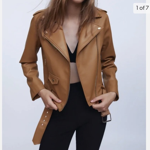 Zara bloggers favourite Women Faux Leather Biker Jacket Light Camel Size L - Picture 4 of 15